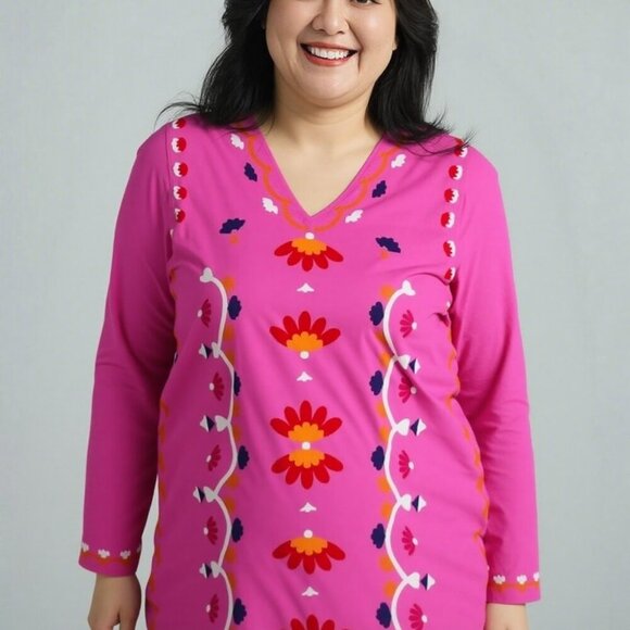 Frances Valentine 1X Dress Pink Goldie Embroidered Tunic Kaftan Midi Tunic - Picture 1 of 10